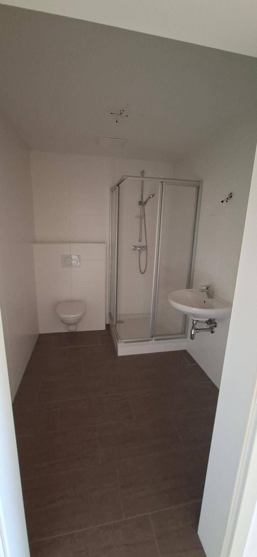 Modernes Badezimmer mit Dusche, WC und Waschbecken, ausgestattet mit dunklen Fliesen.