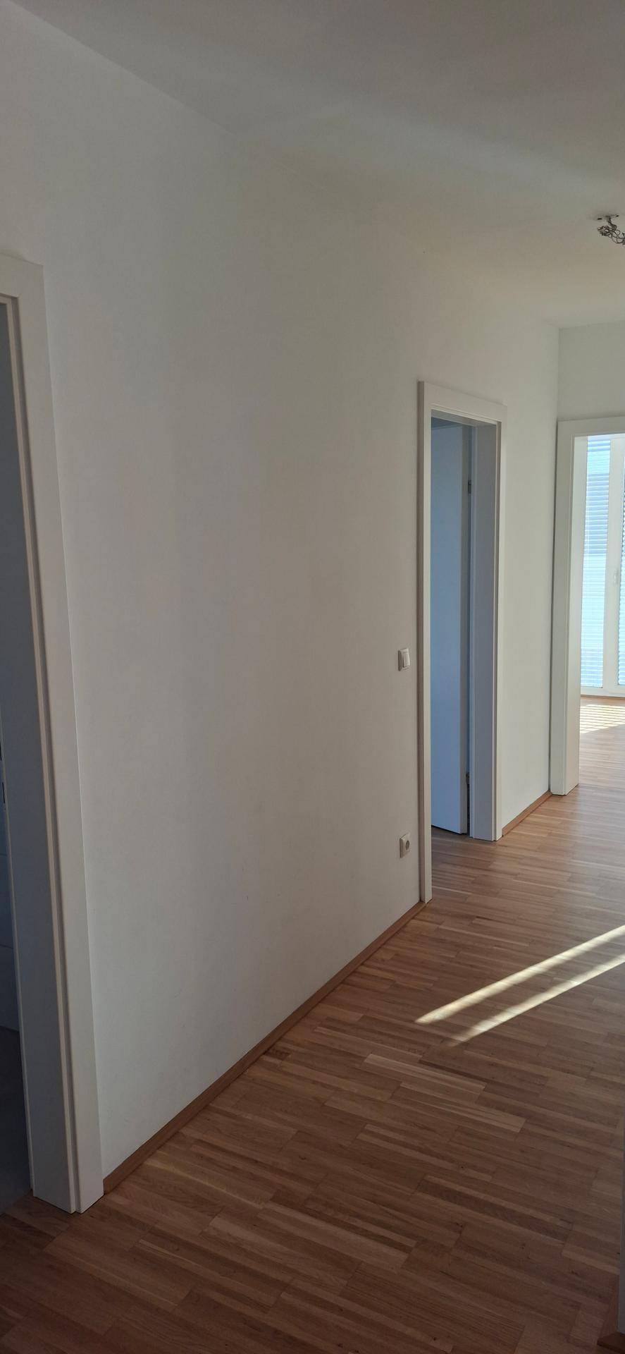 Geräumiger Flur mit Holzparkettboden und viel Tageslicht, der die verschiedenen Räume verbindet.