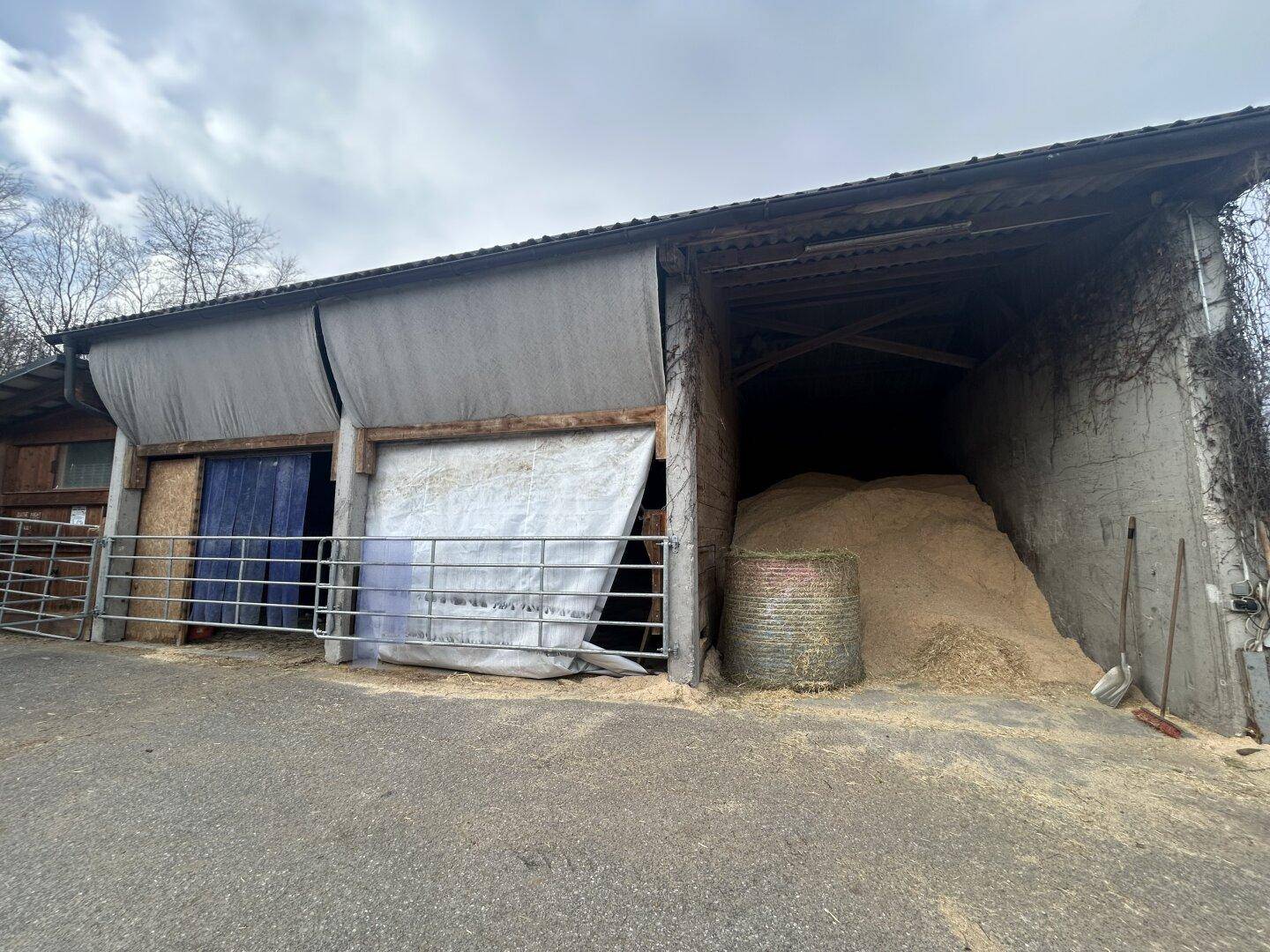 Scheune oder Lagerhalle mit Holzspänen und landwirtschaftlichen Geräten unter einem bewölkten Himmel.