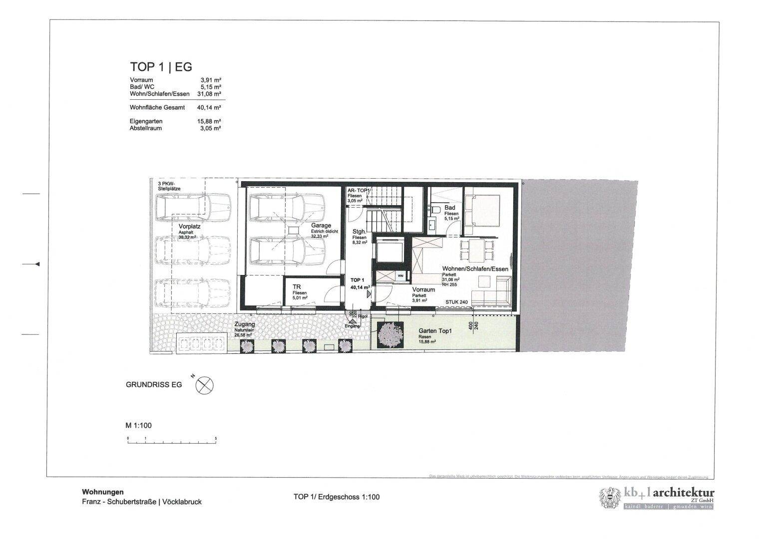Grundriss der Erdgeschosswohnung TOP 1 mit Wohn-/Schlaf-/Essbereich und Garten.