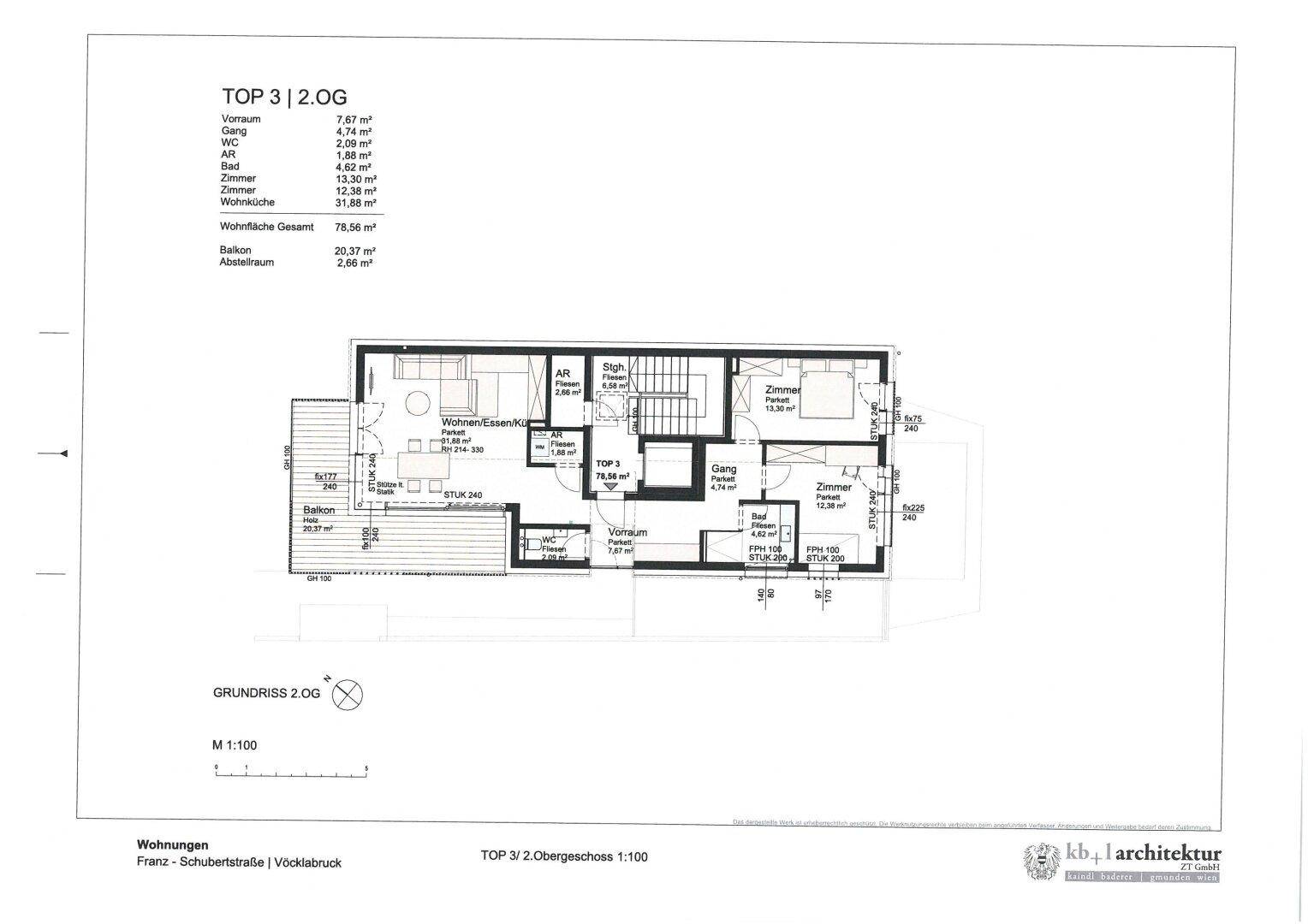 Grundriss der Wohnung TOP 3 im zweiten Obergeschoss mit großem Balkon.