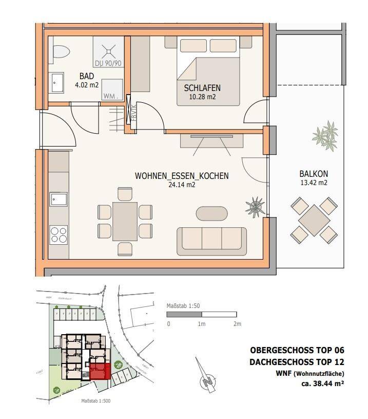 Grundriss einer Wohnung mit offenem Wohn-Ess-Kochbereich, Schlafzimmer und Balkon.