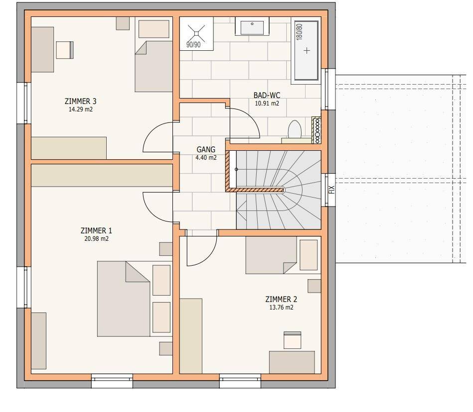 Grundriss des Obergeschosses mit drei Schlafzimmern und einem Badezimmer mit Badewanne und Dusche.