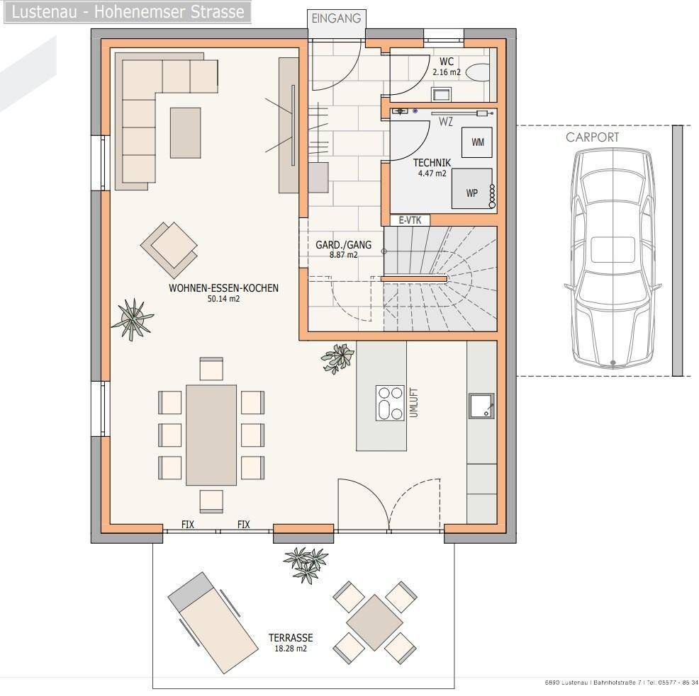 Grundriss des Erdgeschosses mit offenem Wohn-Ess-Kochbereich, separatem WC und großer Terrasse.