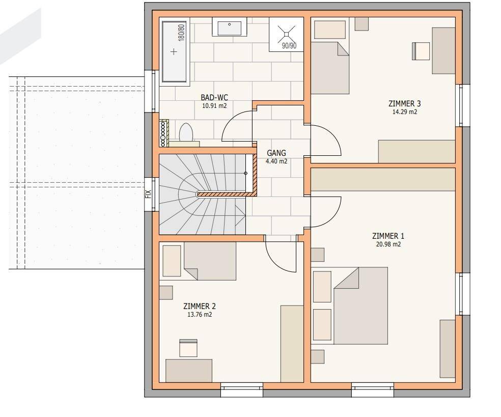 Grundriss des Obergeschosses mit drei Schlafzimmern und einem Badezimmer.