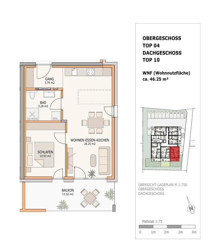 Detaillierter Grundriss einer Wohnung mit Wohn-Ess-Kochbereich, Schlafzimmer und Balkon.