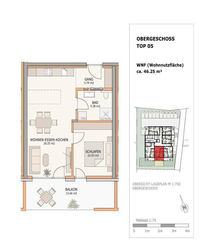Grundriss für Obergeschoss Top 05 mit offenem Wohnbereich, Schlafzimmer und Balkon.