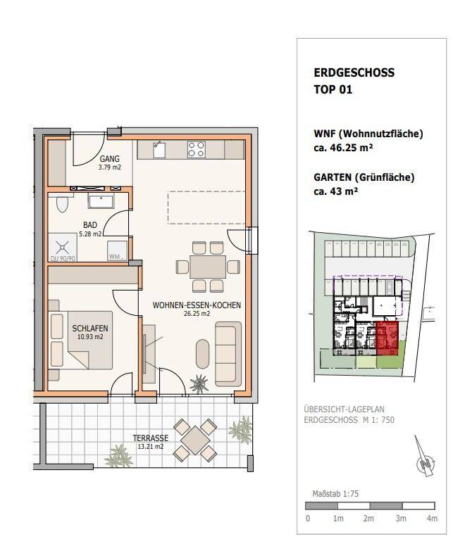 Grundriss der Erdgeschosswohnung Top 01 mit offenem Wohnbereich und Terrasse.