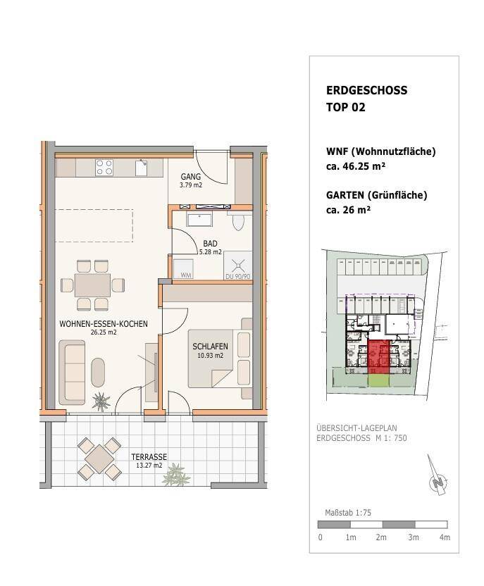 Grundriss der Erdgeschosswohnung mit offenem Wohnbereich, Schlafzimmer und Terrasse.