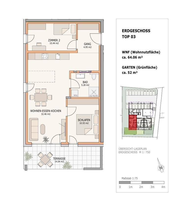 Grundriss des Erdgeschosses mit Wohn-Ess-Kochbereich, Schlafzimmer und Terrasse.