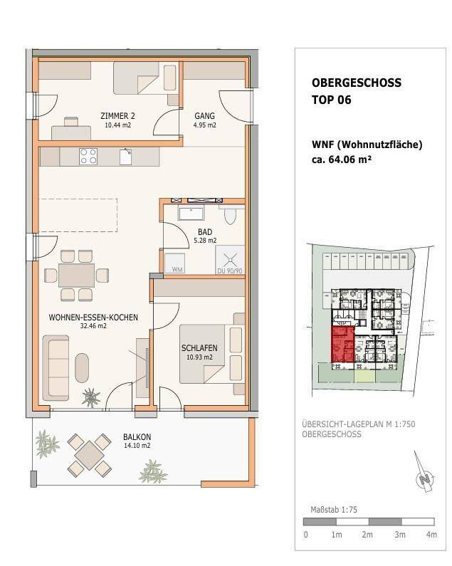 Grundriss der Wohnung Top 06 mit Wohn-Ess-Kochbereich und Balkon.