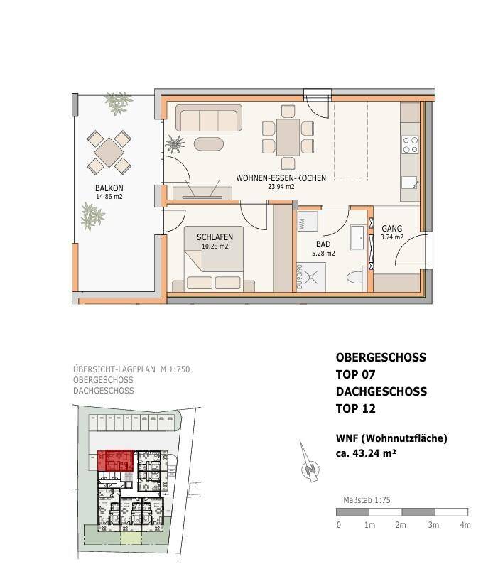 Grundriss des Obergeschosses mit Wohn-Ess-Kochbereich, Schlafzimmer und Balkon.