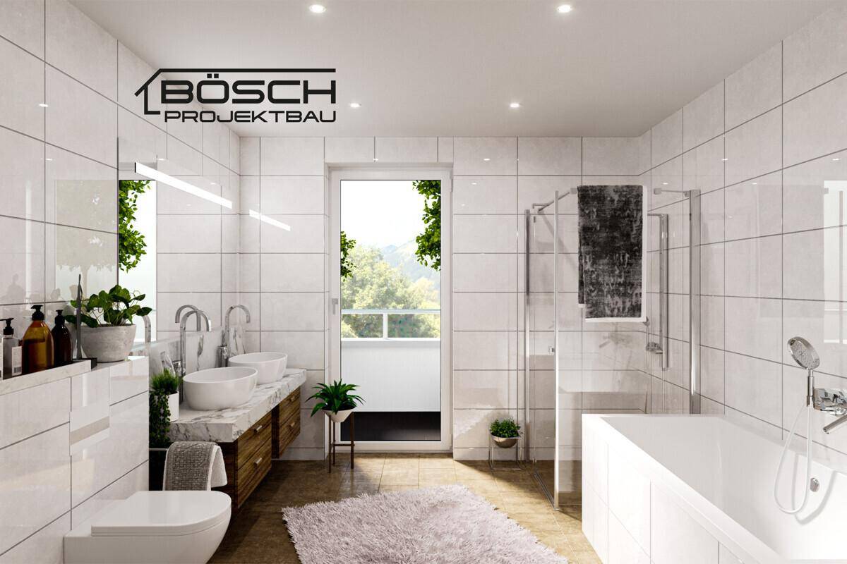 Modernes Badezimmer mit Doppelwaschbecken, Badewanne und ebenerdiger Dusche.