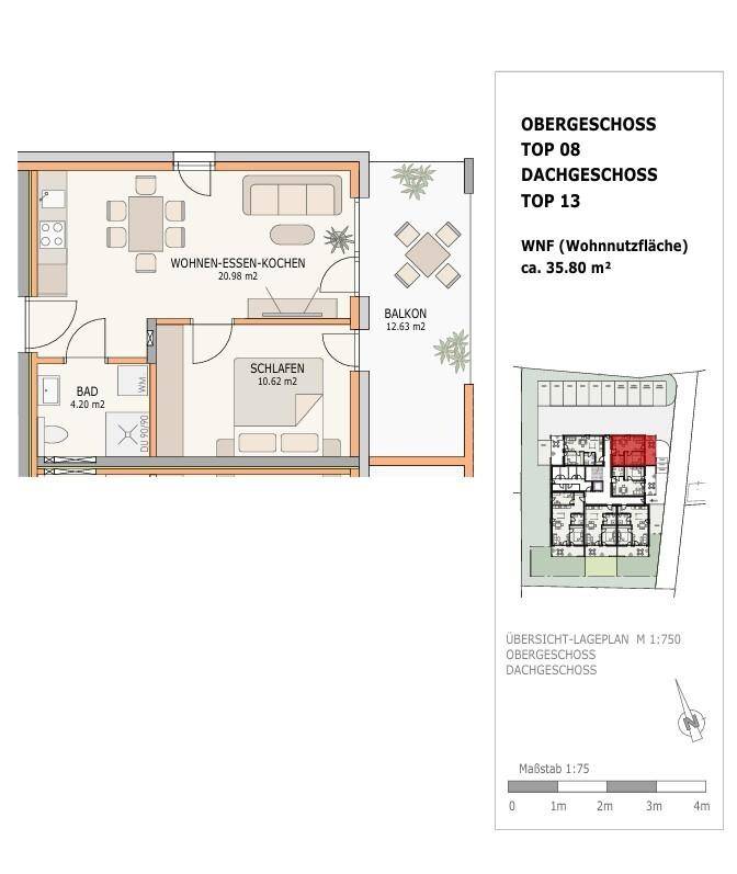 Grundriss einer Wohnung im Obergeschoss mit Wohn-Ess-Küche, Schlafzimmer und Balkon.