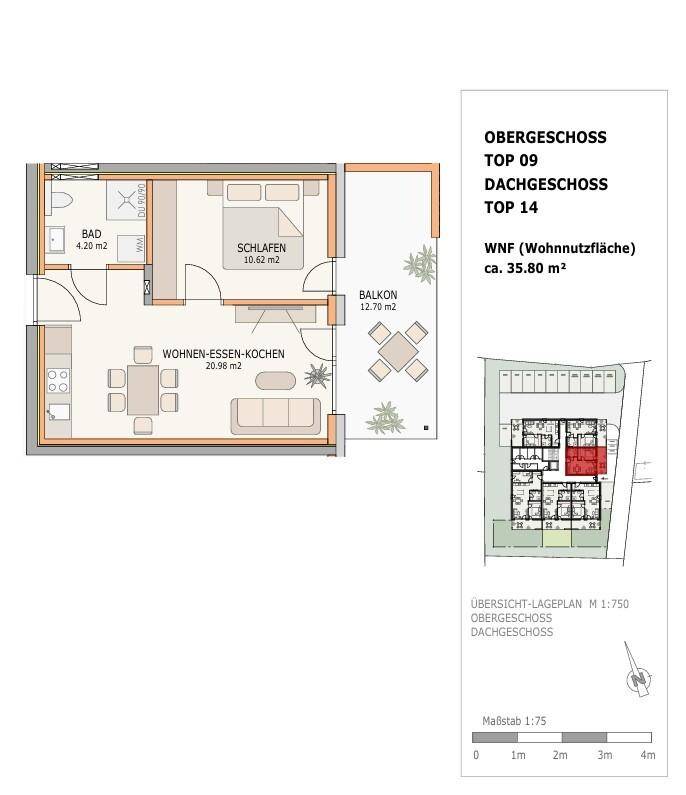 Grundriss einer Wohnung im Obergeschoss mit offenem Wohnbereich und Balkon.