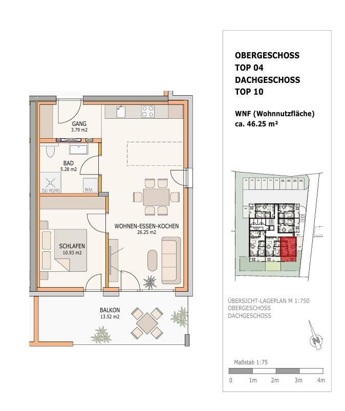 Grundrissplan für eine Wohnung im Obergeschoss mit Balkon, offener Wohnküche und separatem Schlafzimmer.