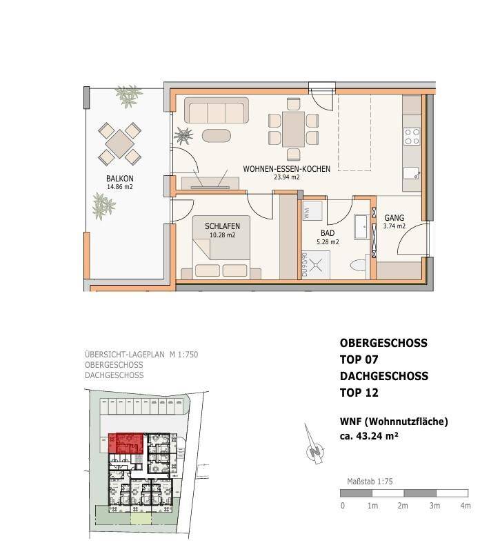 Grundriss einer Wohnung mit offenem Wohn-Ess-Kochbereich, Schlafzimmer, Bad und Balkon.