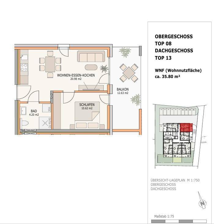 Detaillierter Grundriss einer Wohnung mit offenem Wohnbereich, Schlafzimmer und Balkon.