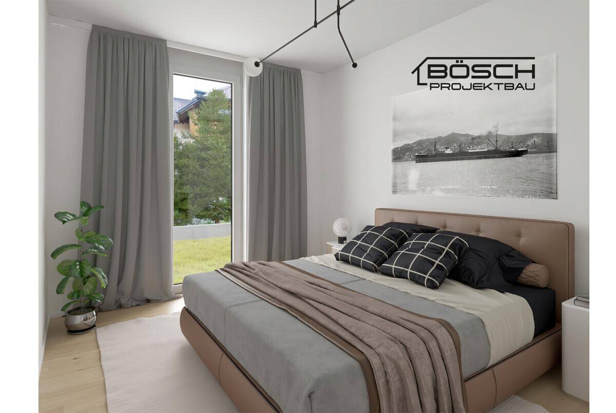 Gemütliches Schlafzimmer mit großem Bett und bodentiefen Fenstern mit Blick ins Grüne.
