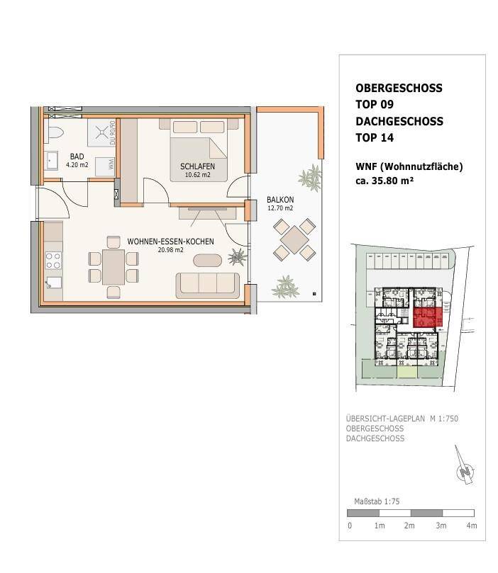 Grundriss einer Wohnung mit offenem Wohnbereich, Schlafzimmer und Balkon.