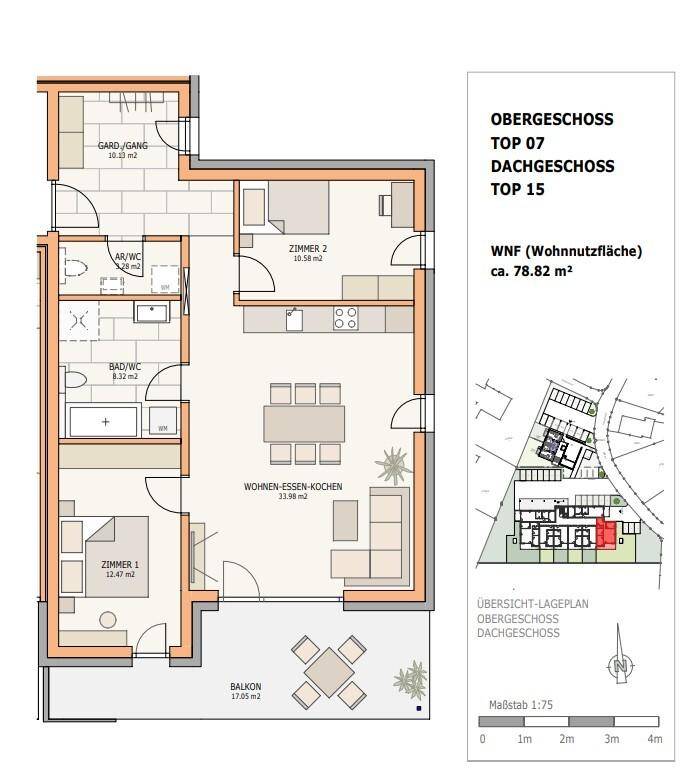 Detaillierter Grundriss einer Wohnung mit offenem Wohnbereich, zwei Schlafzimmern und Balkon.