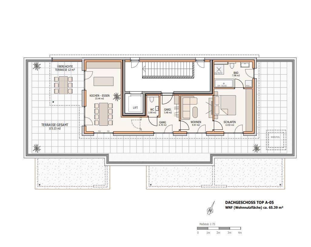 Grundriss des Dachgeschosses mit offener Wohnküche, Schlafzimmer und großer Terrasse.