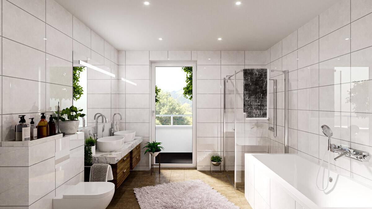Modernes Badezimmer mit weißen Fliesen, Doppelwaschbecken, Badewanne und Dusche.