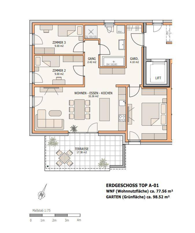 Grundriss des Erdgeschosses Top A-01 mit offenem Wohnbereich, zwei Schlafzimmern und großer Terrasse.