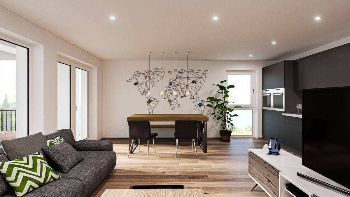 Offener Wohn- und Essbereich mit Holzboden und integrierter moderner Küche.