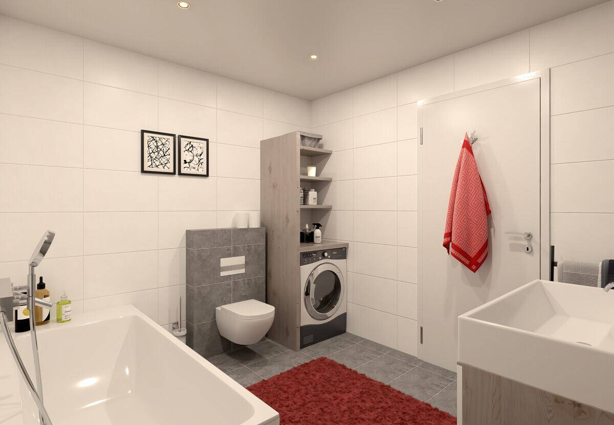 Modernes Badezimmer mit Badewanne, wandhängender Toilette und integrierter Waschmaschine, hell gefliest.