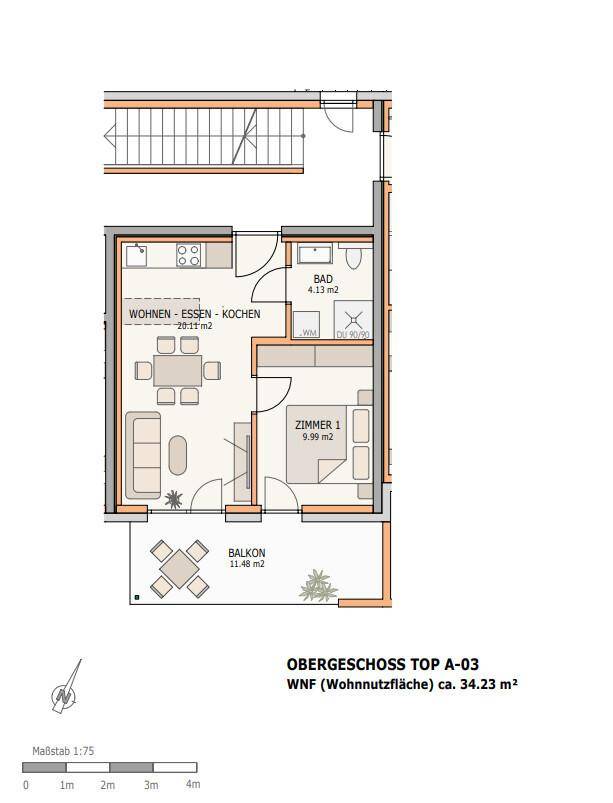 Grundriss des Obergeschosses mit offenem Wohn-Ess-Kochbereich, Schlafzimmer und Balkon.