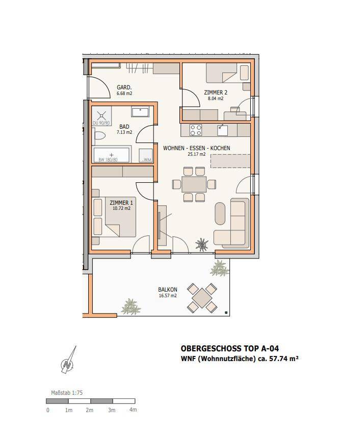 Detaillierter Grundriss einer Wohnung mit zwei Schlafzimmern, offenem Wohnbereich und Balkon.
