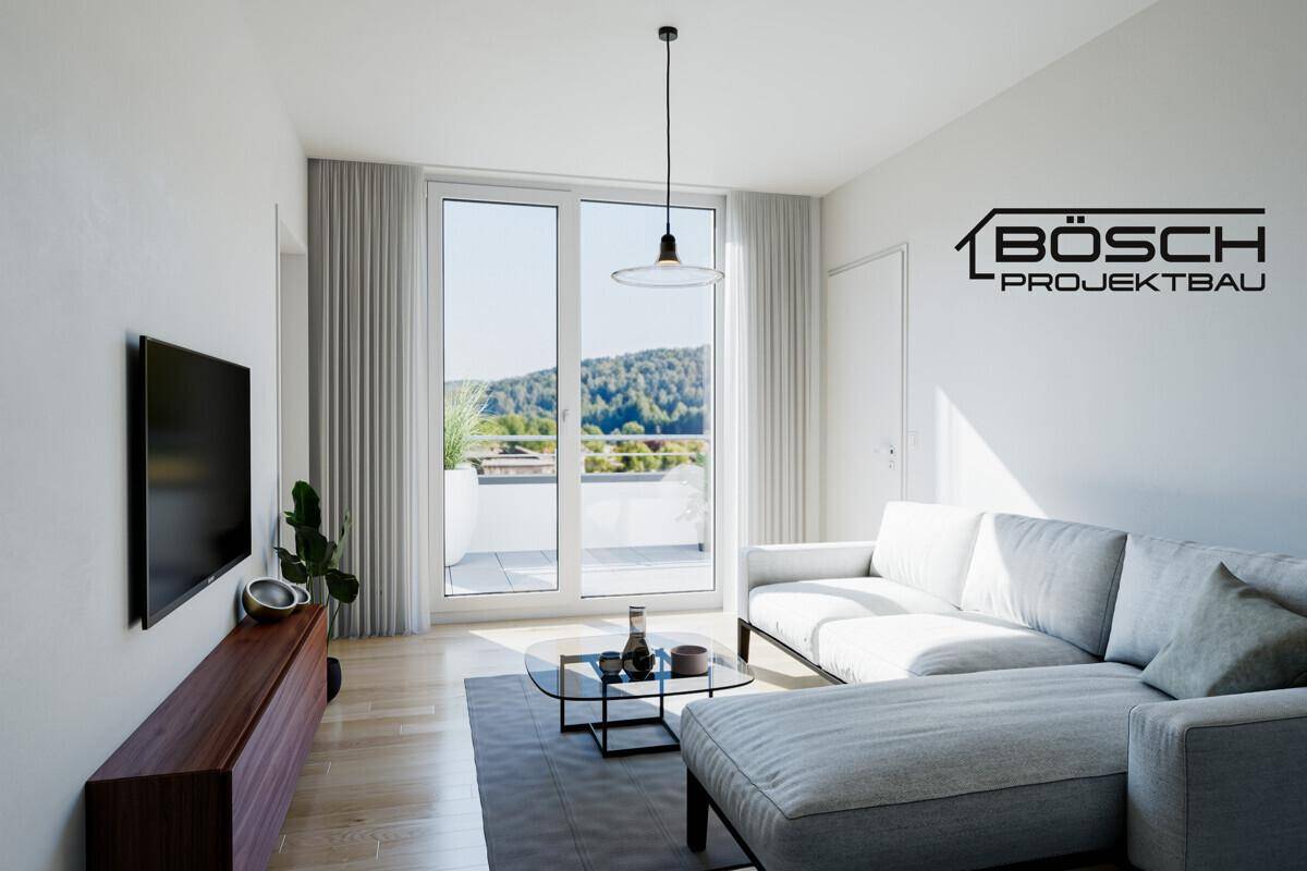 Lichtdurchflutetes Wohnzimmer mit modernem Sofa, Holzboden und großem Fenster mit Bergblick.