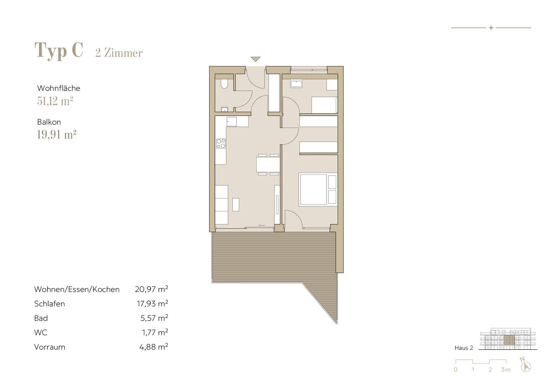 Grundriss Typ C mit 2 Zimmern, Wohnfläche 51,12 m² und Balkon 19,91 m².