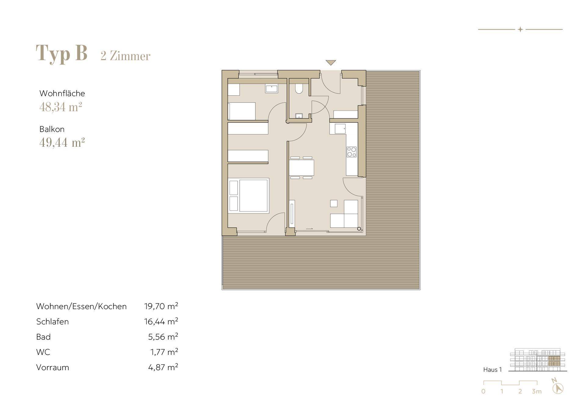 Grundriss Typ B für eine 2-Zimmer-Wohnung mit Balkon und offener Wohnküche.
