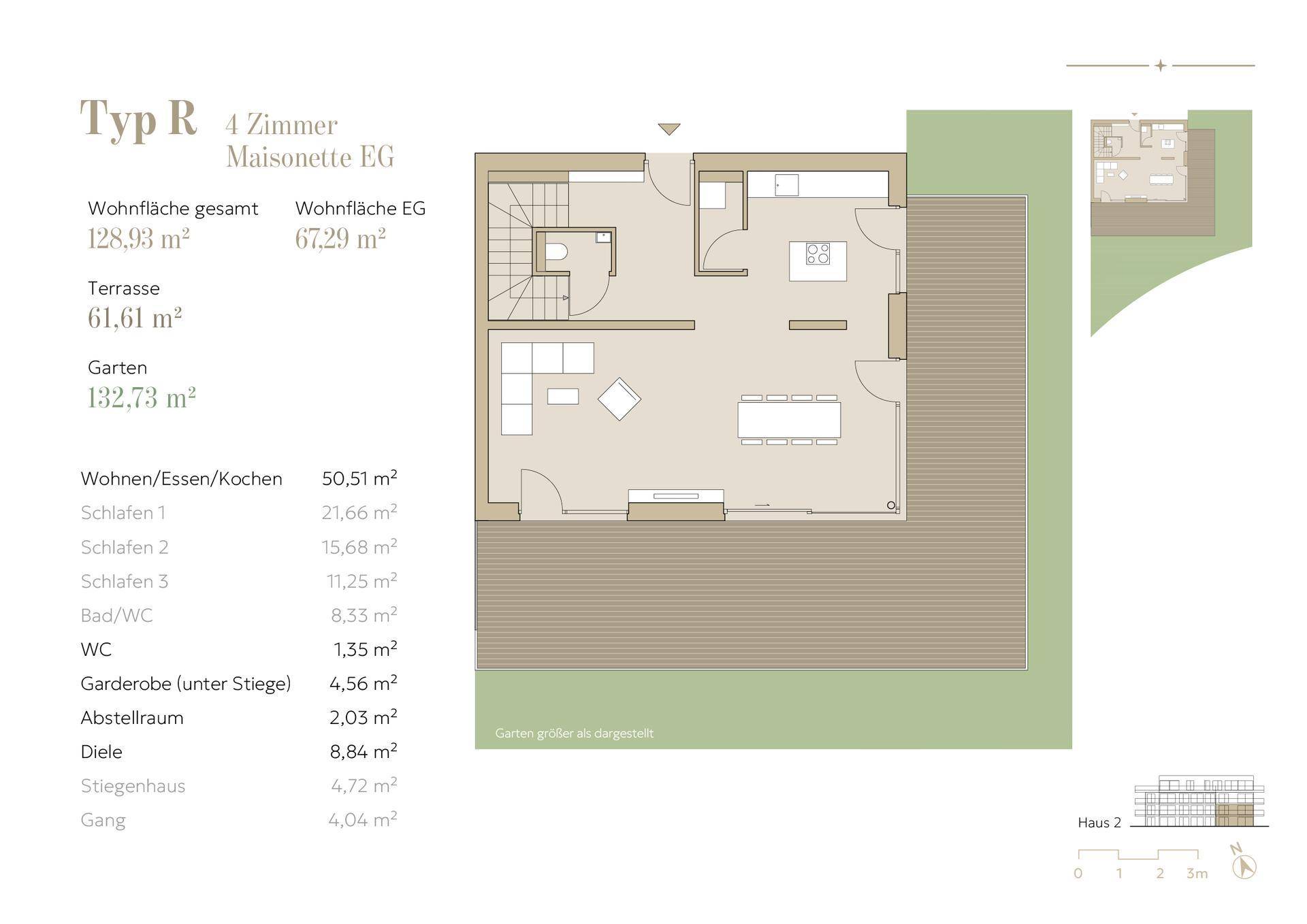 Grundriss des Erdgeschosses einer 4-Zimmer-Maisonette mit Terrasse und Garten.