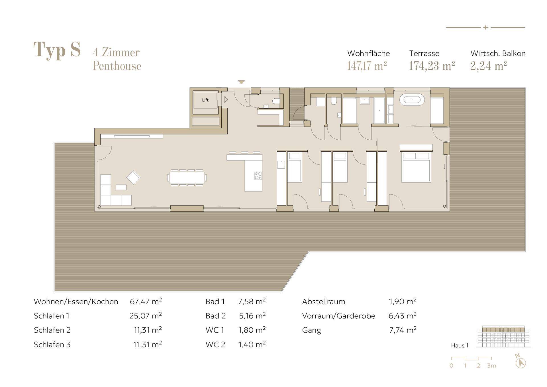 Grundriss eines 4-Zimmer-Penthouses mit großzügigem Wohnbereich, drei Schlafzimmern und großer Terrasse.