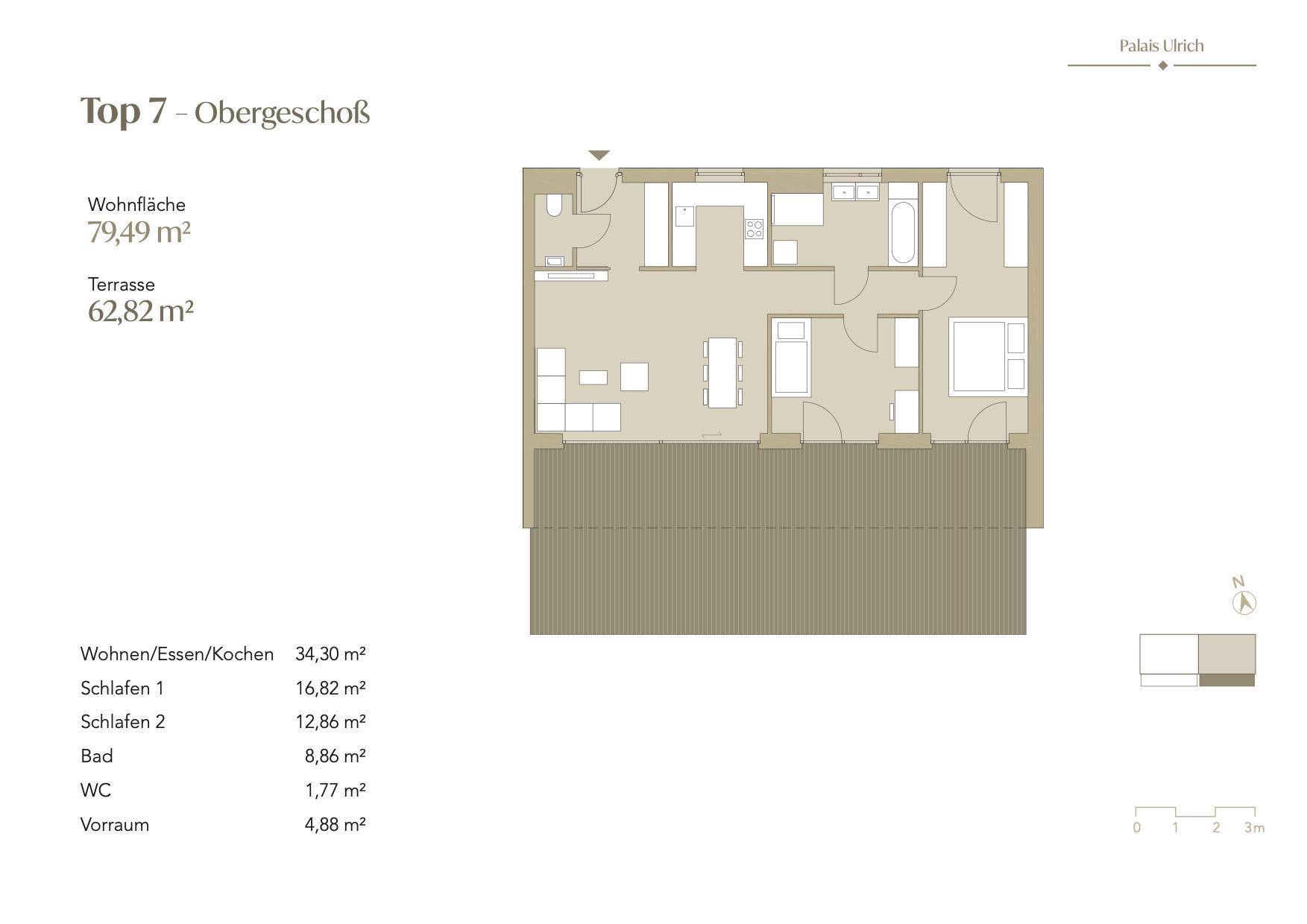 Grundriss des Obergeschosses mit offenem Wohnbereich, zwei Schlafzimmern und großer Terrasse.