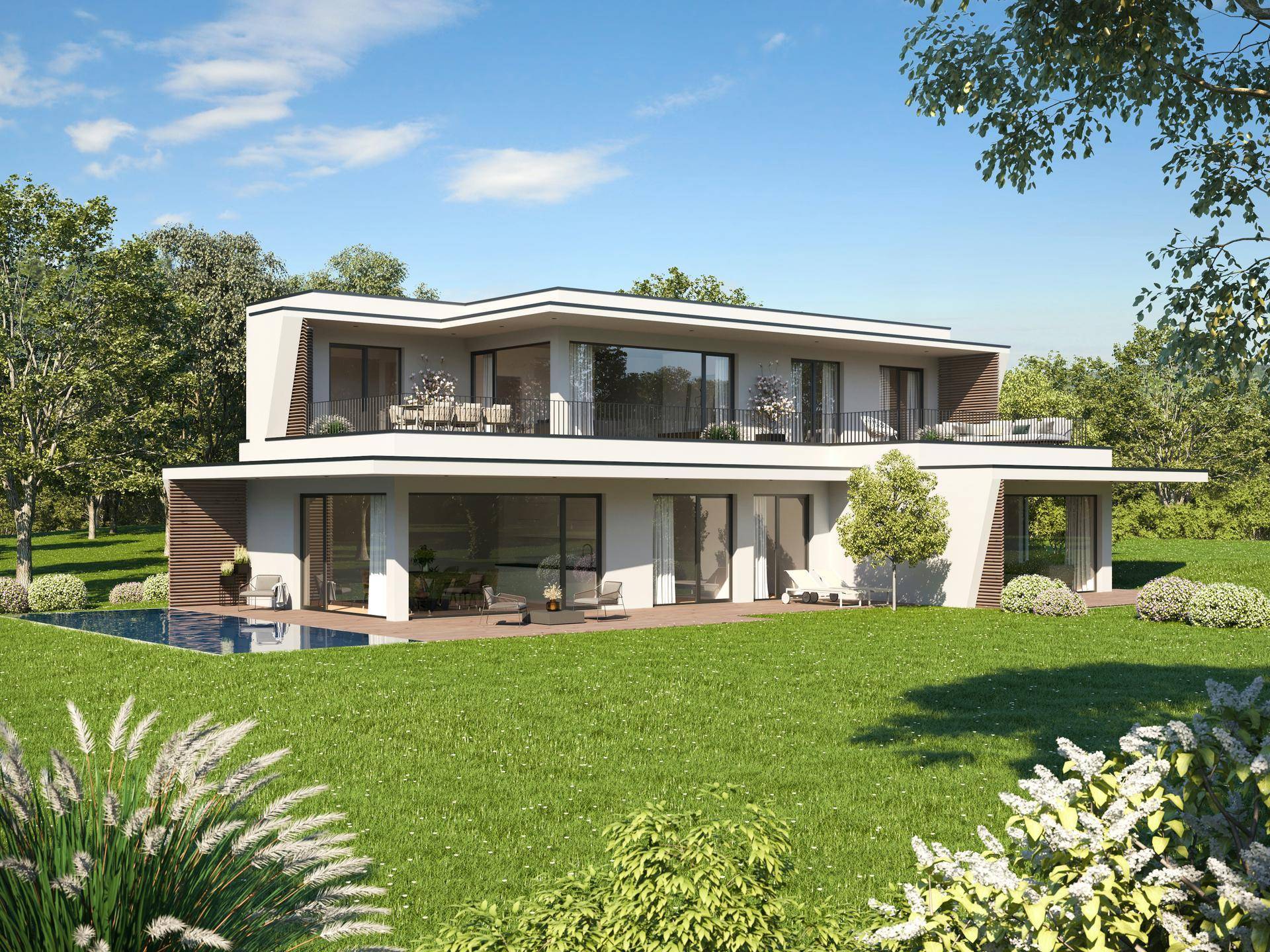 Elegantes modernes Gebäude mit weitläufigem Garten, integriertem Swimmingpool und viel Grün.