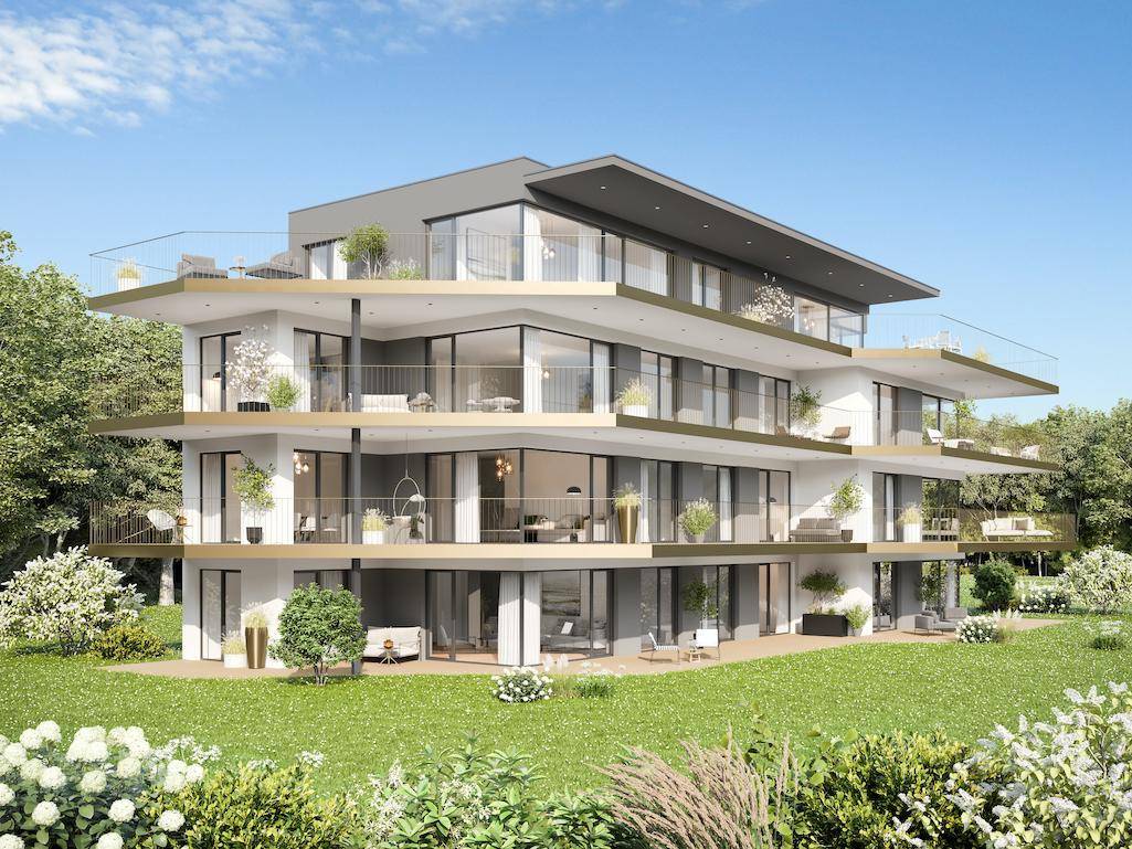 Modernes Mehrfamilienhaus mit mehreren Etagen, großen Terrassen und grüner Umgebung.