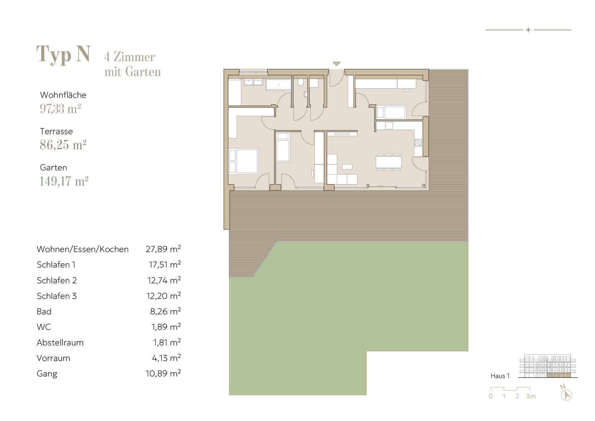 Grundriss Typ N mit vier Zimmern, Terrasse und Gartenbereich.