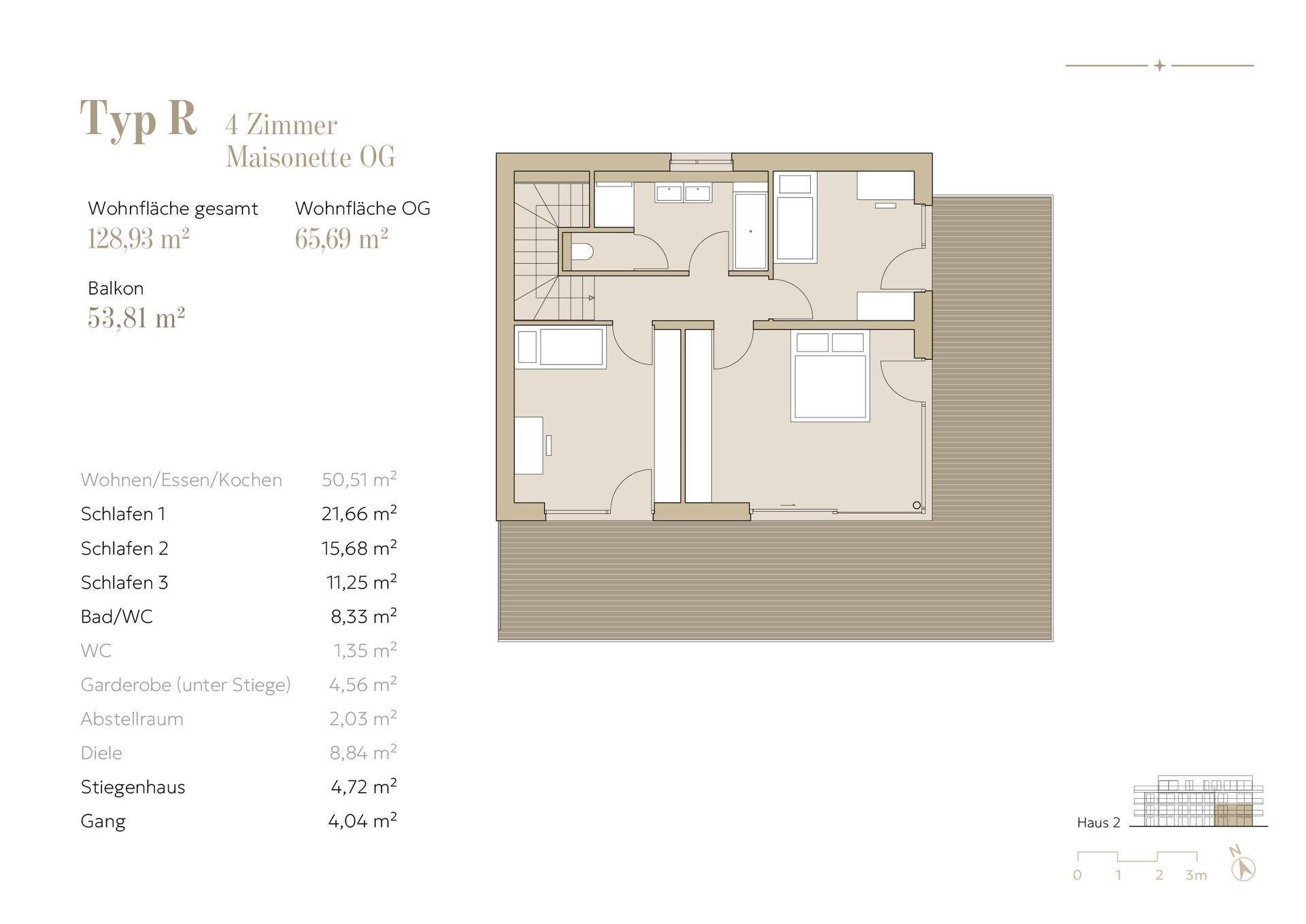 Grundriss des Obergeschosses einer 4-Zimmer-Maisonette mit Balkon und drei Schlafzimmern.