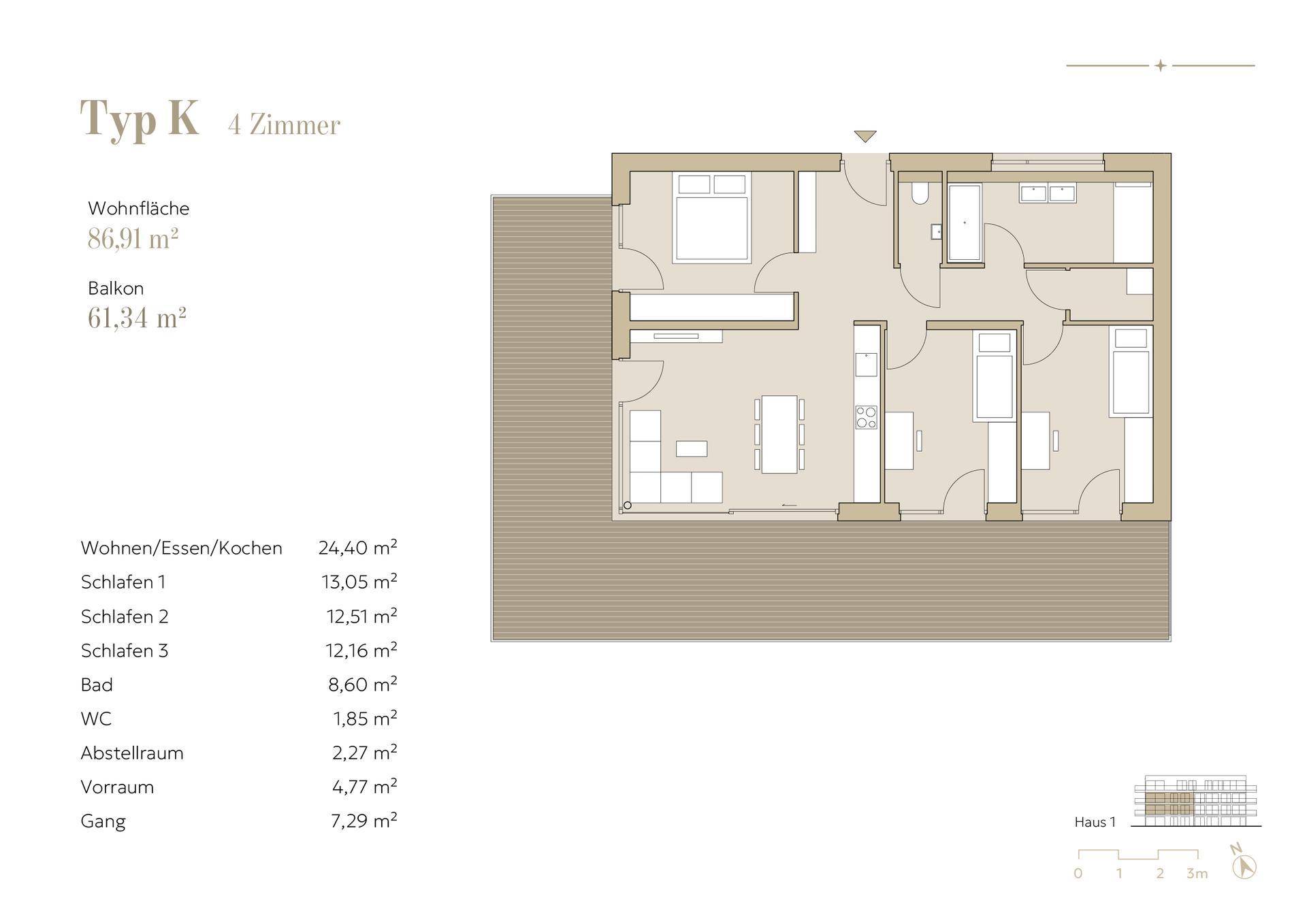 Grundriss "Typ K" mit vier Zimmern und einem großen Balkon.