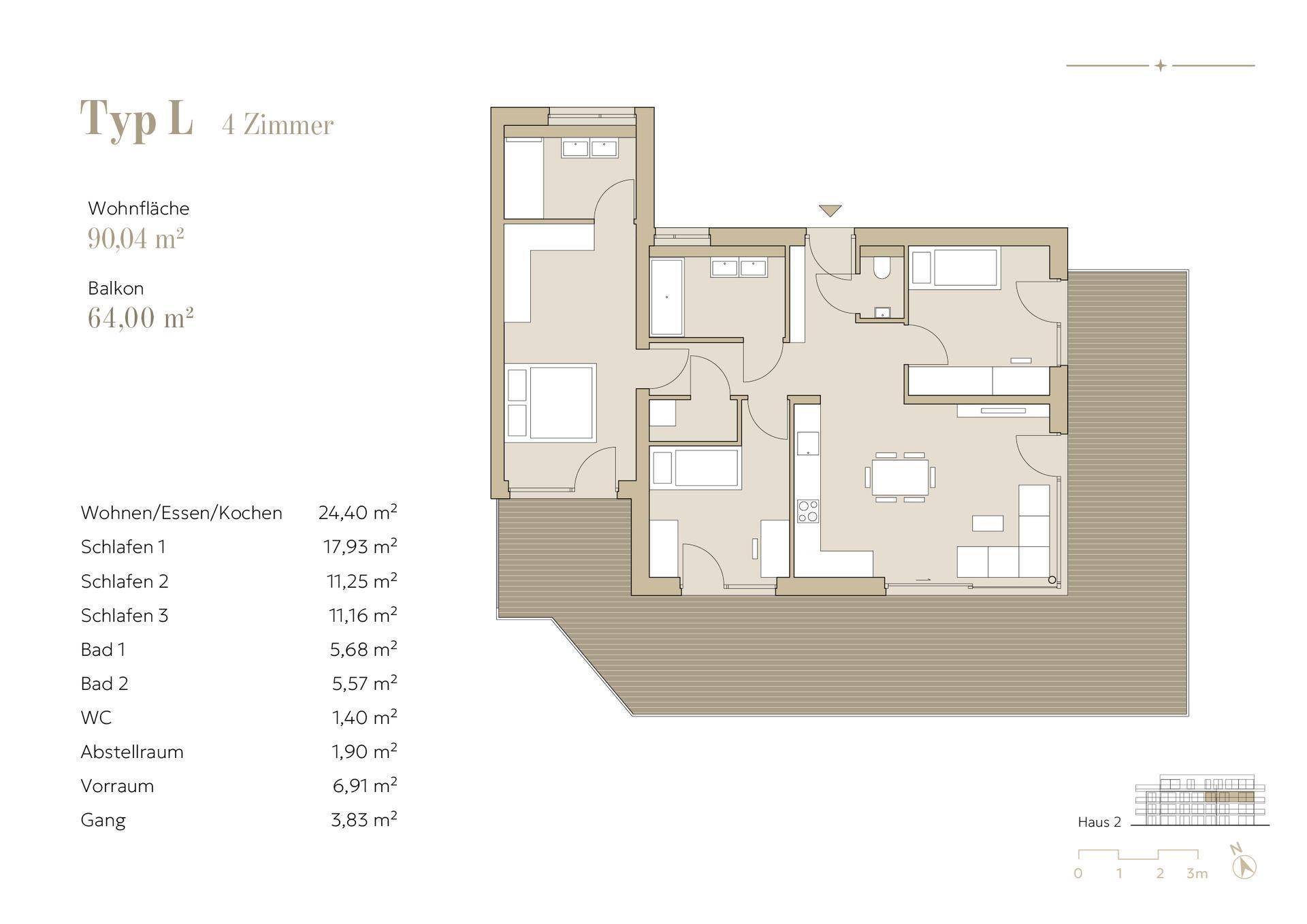 Grundriss "Typ L" mit vier Zimmern, Wohnfläche 90,04 m² und großem Balkon.