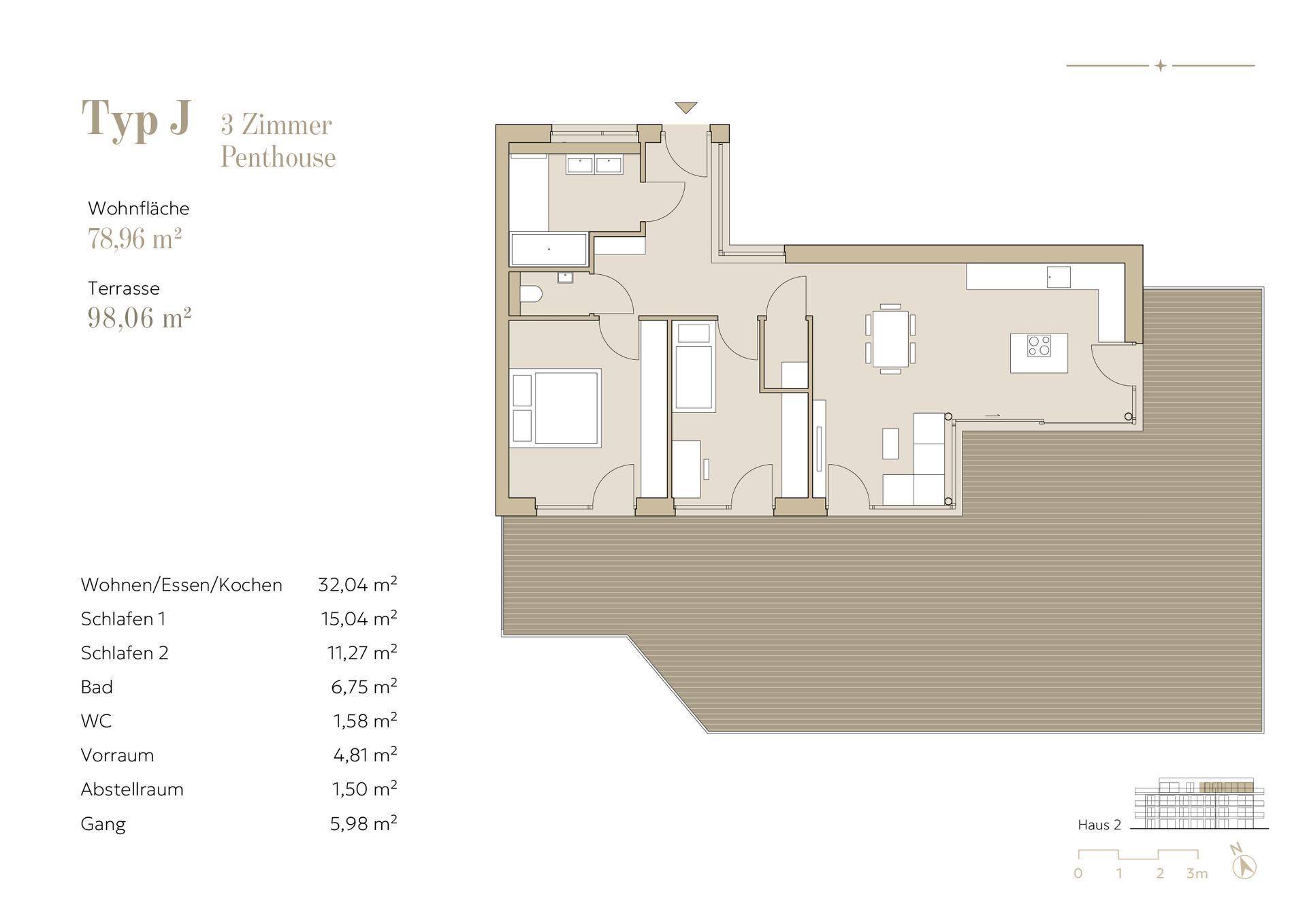 Grundriss des Penthouse Typ J mit zwei Schlafzimmern und großer Terrasse.
