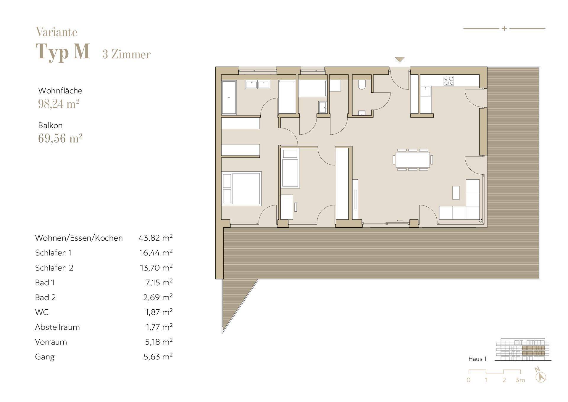 Grundriss Variante Typ M mit drei Zimmern, großem Balkon und offener Wohnküche.