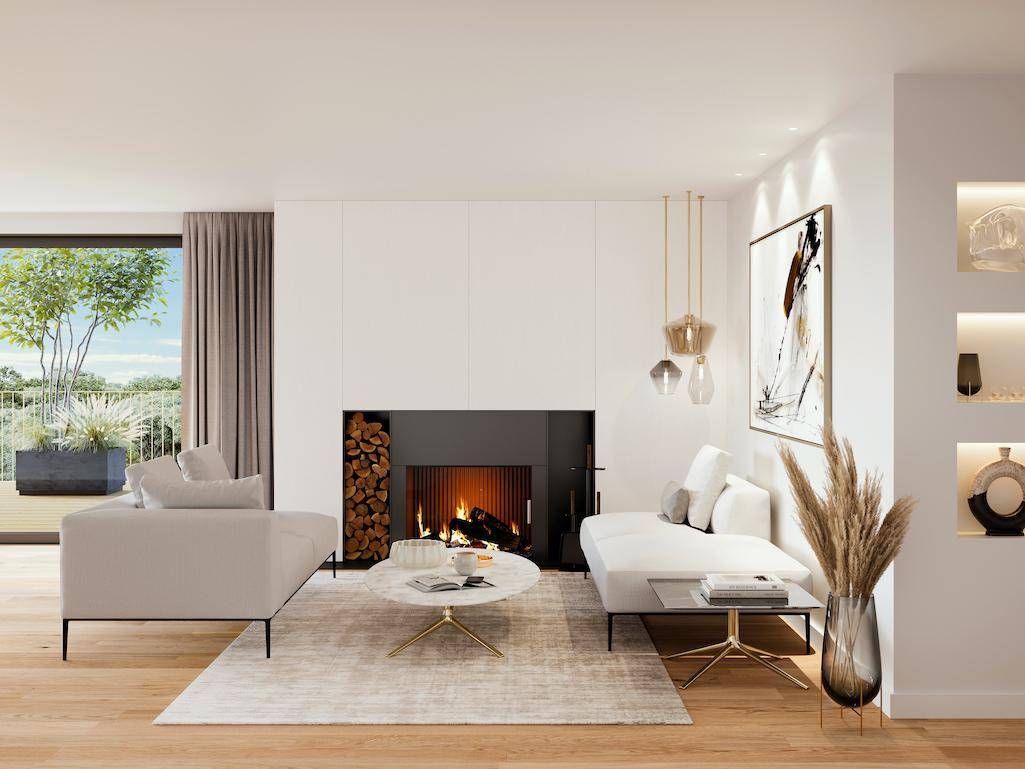 Elegantes Wohnzimmer mit modernem Kamin, bequemen Sofas und stilvoller Dekoration.