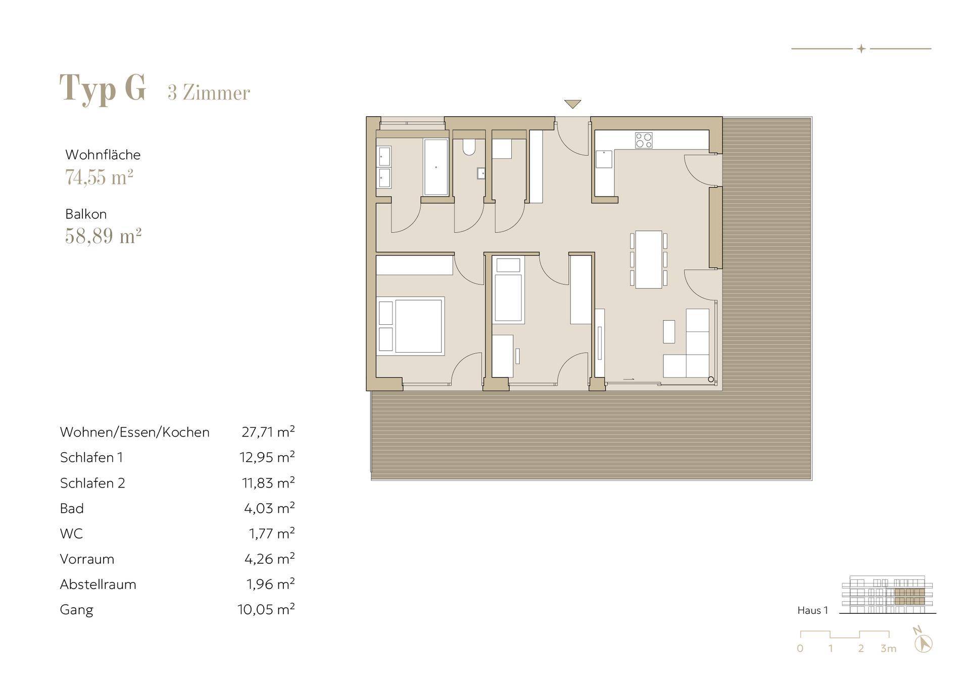 Grundriss Typ G mit 3 Zimmern, Wohnfläche 74,55 m² und großem Balkon.