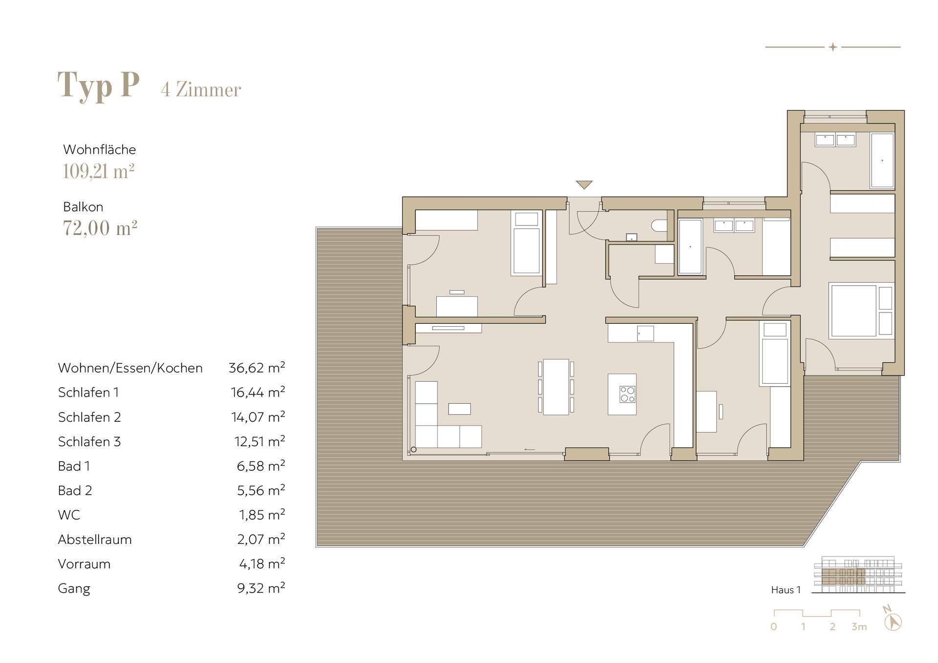 Grundriss Typ P mit vier Zimmern, 109,21 m² Wohnfläche und einem 72 m² großen Balkon.