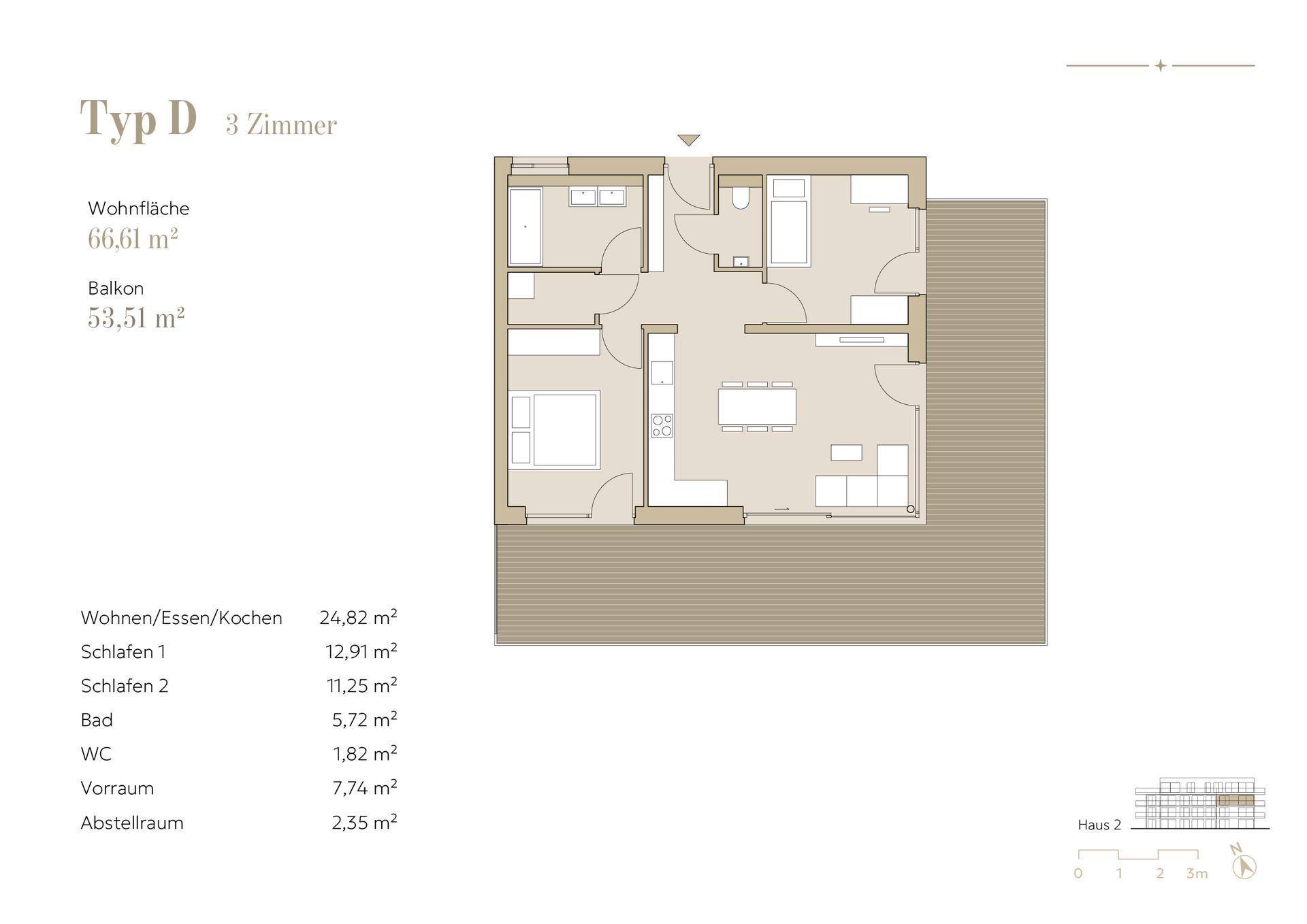 Grundriss Typ D mit drei Zimmern, offenem Wohnbereich und großem Balkon.